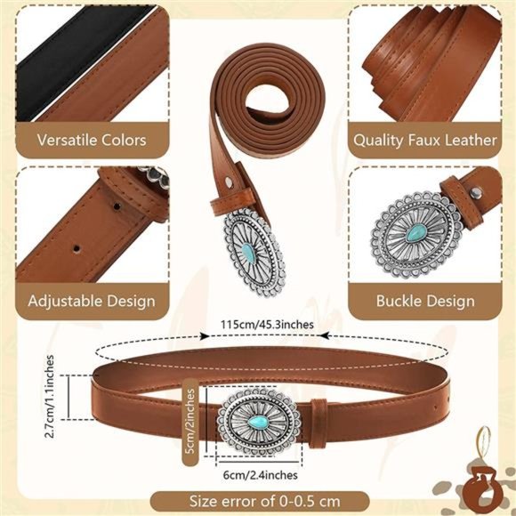 2 Pcs Women Western Belt Leather Belt Turquoise Belt Buckle Soft Faux Leather main image 6